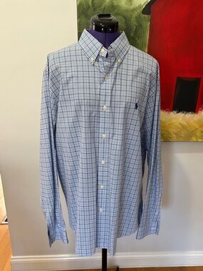Ralph Lauren Men’s Blue, White & Black Cheerful Plaid Button-Down Oxford Shirt.